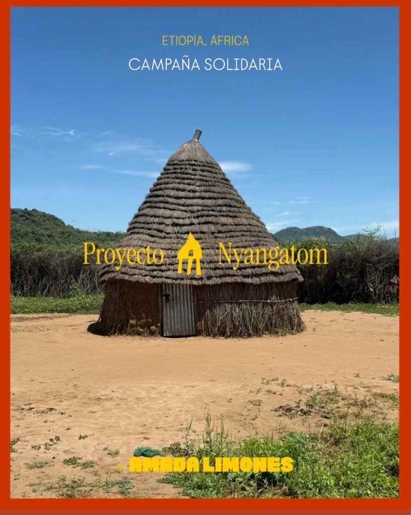 Thatched round hut in a rural landscape under a clear blue sky, with orange border and yellow campaign text 'Proyecto Nyangatom' and 'CampaÃ±a Solidaria' indicating a solidarity effort for Africa (Ethiopia).