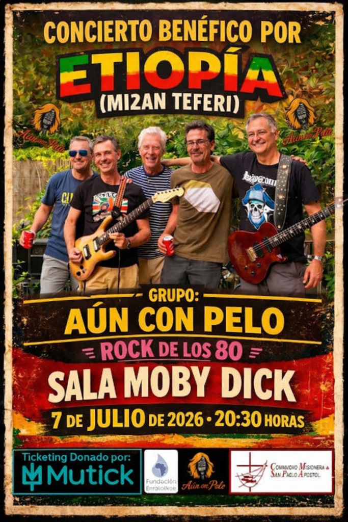 Cartel de concierto benéfico para Etiopía: cinco músicos con guitarras posando al aire libre; fecha 7 de julio de 2026, 20:30.