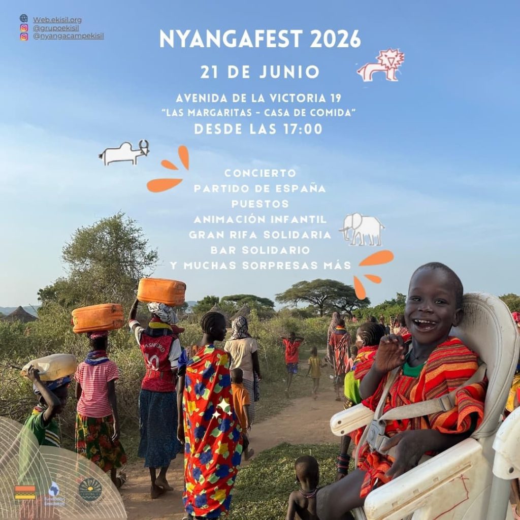 Nyangafest 2026 poster announcing June 21 at Avenida de la Victoria 19, with a joyful child in a wheelchair in the foreground and a rural crowd in the background.