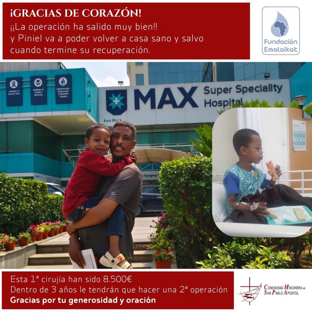 Outside MAX Super Specialty Hospital, a man proudly holds a smiling child in his arms beneath a red banner thanking donors. Inset shows a young patient in a hospital gown sipping juice.