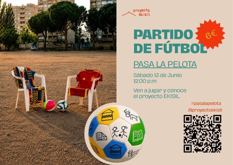 Split image: on the left a dusty outdoor field with two white plastic chairs, colorful clothing, and several soccer balls; on the right a beige poster advertising a football event, with large teal text, a red starburst showing 6€, a QR code, and social handles.
