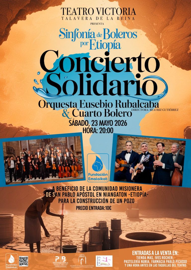 Charity concert poster for Concierto Solidario in Ethiopia, featuring Sinfonía de Boleros, Orquesta Eusebio Rubalcaba y Cuarto Bolero; event details: Saturday May 23, 2026 at 8:00 PM, fundraising for a mission community in Ethiopia to build a water well; €10 tickets. Includes photos of two ensembles and charity logos at the bottom.