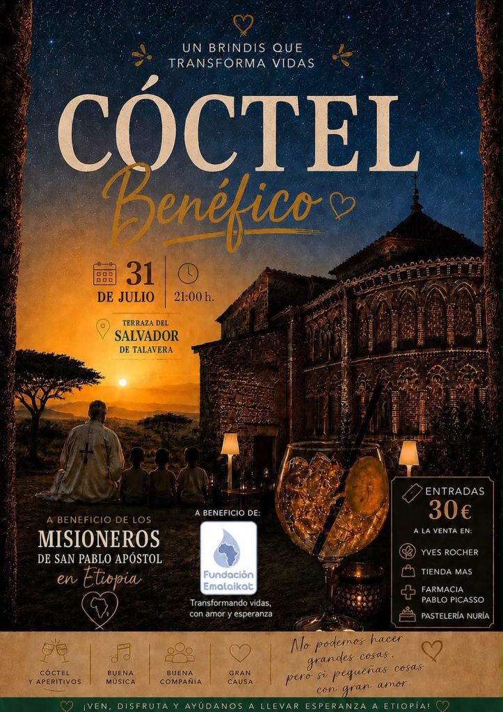 Charity cocktail poster: 'Cóctel Benéfico' on a sunset terrace, July 31, 21:00, Terraza del Salvador de Talavera, benefiting Missionaries of San Pablo Apostol in Ethiopia.