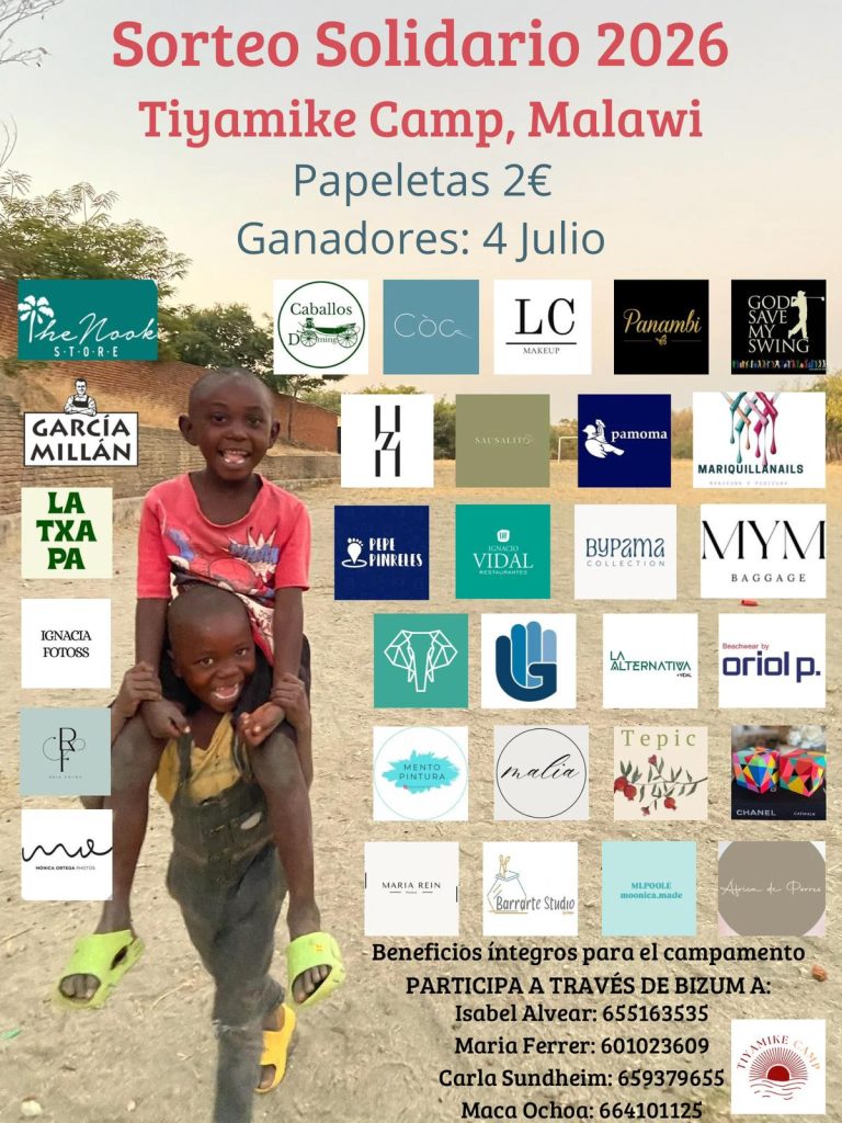 Poster de Sorteo Solidario 2026 para Tiyamike Camp, Malawi; muestra logos de patrocinadores y dos niños sonriendo en primer plano en un ambiente exterior.